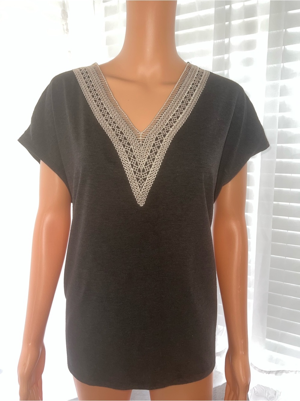Charcoal V-Neck Tunic Top with Cream Lace Trim
